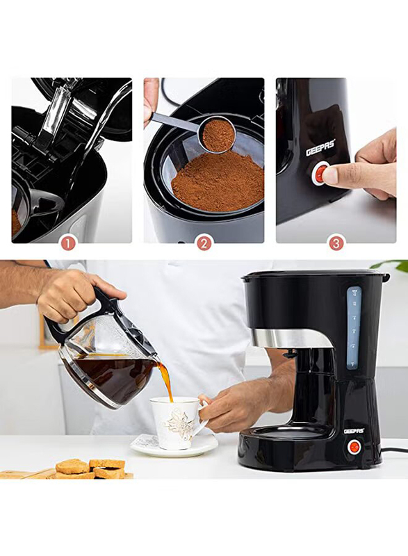 Geepas 1.5L Filter Coffee Maker Machine, 1000W, GCM6103, Black/Clear