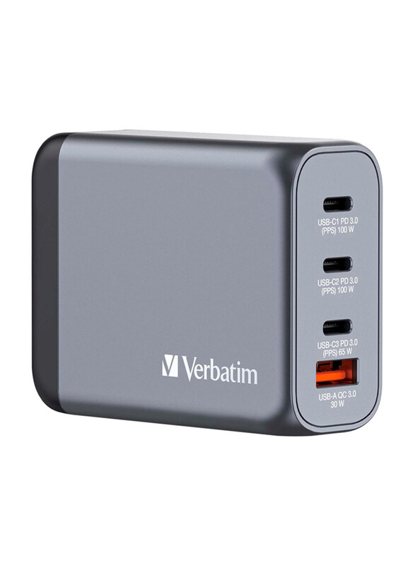 Verbatim GaN Charger 100 W 4 Ports USB-C Charger Power Adapter with 3 x USB-C & 1 x USB-A Fast Charger as Multiple Plug for Apple MacBook Notebook iPad & iPhone, Grey