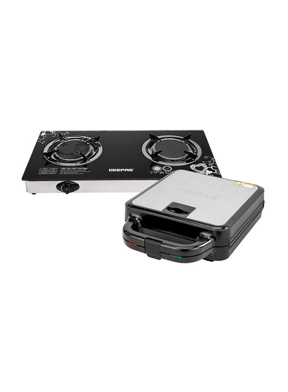 Geepas Multi-Snacks Maker 2-in-1 & Glass Gas Stove with Infrared Burner Set, 1400W, GSM5444+GK6865, Multicolour