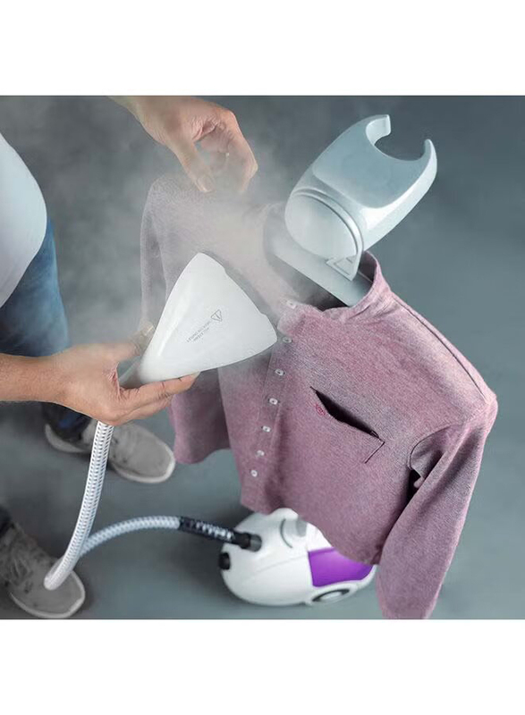 Geepas 1.8 Ltr Garment Vertical Portable Fast Heat Clothes Steamer 2000W with Dual Steam Levels, Large Water Tank for All Types Of Clothes, GGS25022N, White/Violet