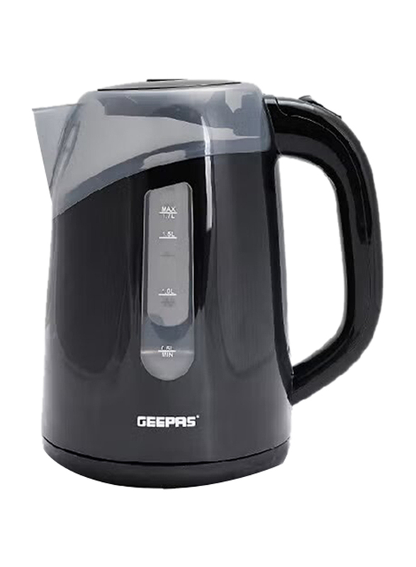 Geepas 1.7L Electric Plastic Kettle, 2200W, with Boil Dry Protection, Detachable Filter Spout & Automatic Lid Open Function, GK38027, Black/Clear