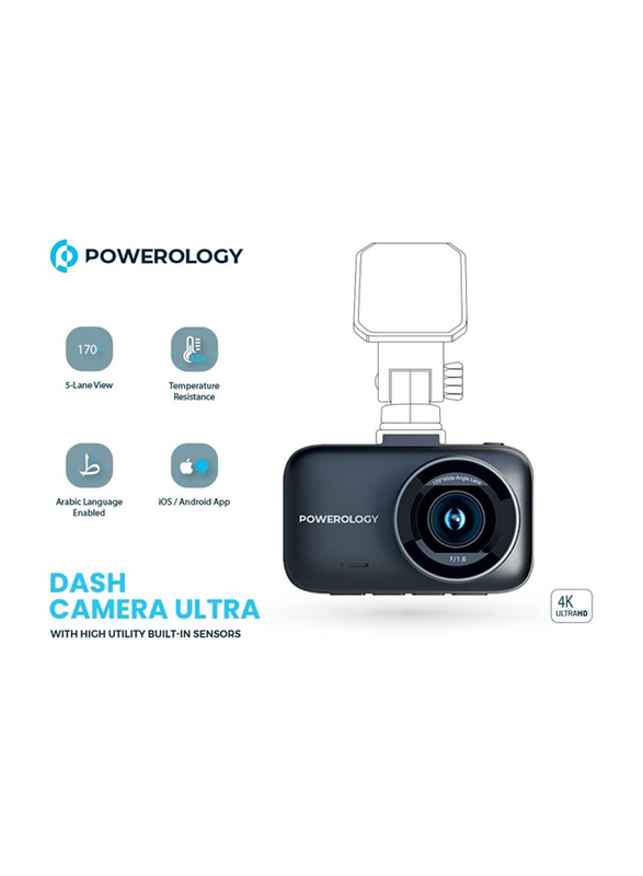 Powerology 4K Ultra Dash Camera with High Built-In Sensors, Up to 128GB, Arabic Language Enabled, Wide Dynamic Range,170° 5-Lane View & Motion Sensor, Black