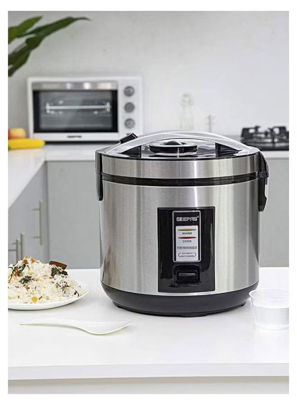 Geepas 1.8L Rice Cooker, 700W, with Non Stick Inner Pot, Stainless Steel Body & Plastic Steamer Cook/Steam/Keep Warm Functions, GRC4330, Silver/Black