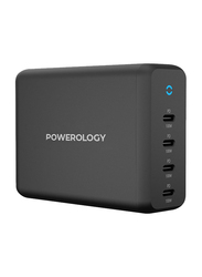 Powerology 165W GaN Desktop Charger with 4X PD Port UK AC Cable PD 100W, Black