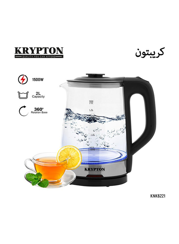 Krypton 2L Electric Cordless Glass Kettle, 1500W, KNK6221, Black/Silver