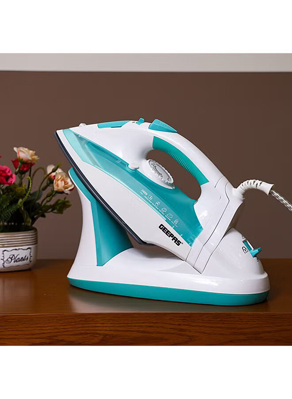 Geepas Wet & Dry Steam Iron Box 2400W with Ceramic Soleplate & Self Cleaning Function Handy Design with Anti Drip Function Powerful Burst Steam, GSI24015, Green/White