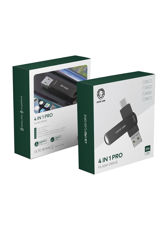 Green Lion 256GB 4 In 1 Pro Metal Flash Drive Lightning Micro Type-C USB-A Support, Black