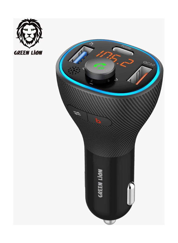 Green Lion Wireless Radio Adapter Bluetooth FM Transmitter Kit for Car with Dual USB Ports, 38W & 20W Type C Port, QC 3.0 Charging, Hands-Free Calling for Siri & Google Assistant, Black