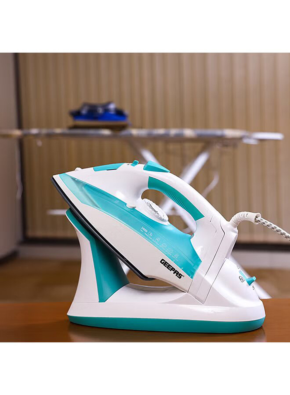 Geepas Wet & Dry Steam Iron Box 2400W with Ceramic Soleplate & Self Cleaning Function Handy Design with Anti Drip Function Powerful Burst Steam, GSI24015, Green/White