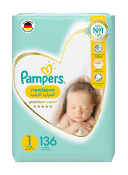 Pampers Premium Care Newborn Taped Diapers, Size 1, 2-5 KG, 136 Count