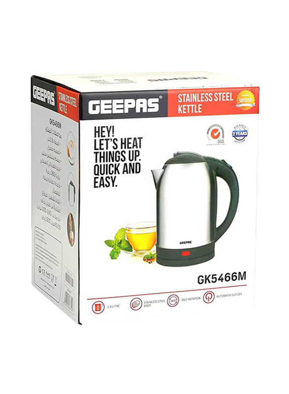Geepas 1.8L Stainless Steel Electric Kettle, 1500W, with Auto Shut off & Boil Dry Protection, GK5466M, Silver/Black