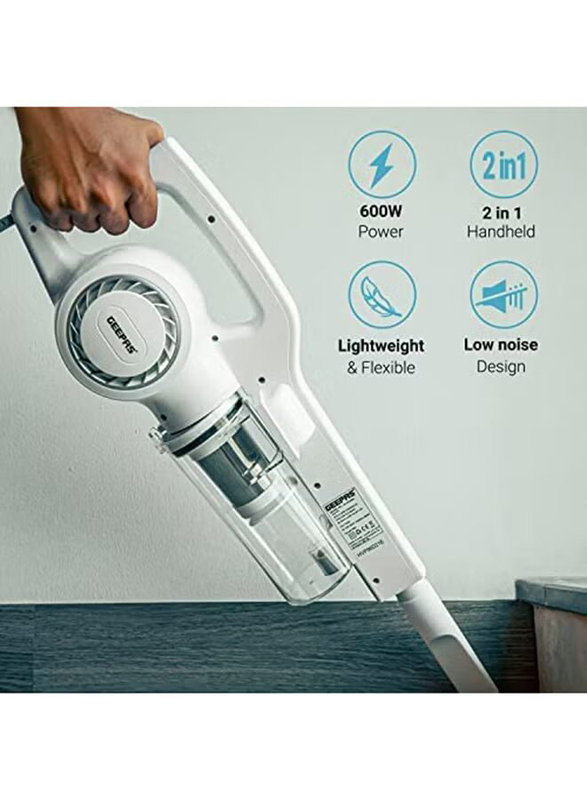 Geepas 600W Stick & Handheld Vacuum Cleaner with HEPA Filter, Dust Bag, Powerful Motor, Transparent Dust Cup for Easy Check/Lightweight Body & Low Noise, 0.9L GVC2596, White