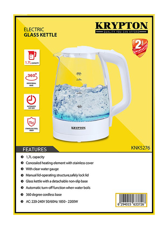 Krypton 1.7L Electric Glass Kettle, 2200W, KNK5276, Clear/White