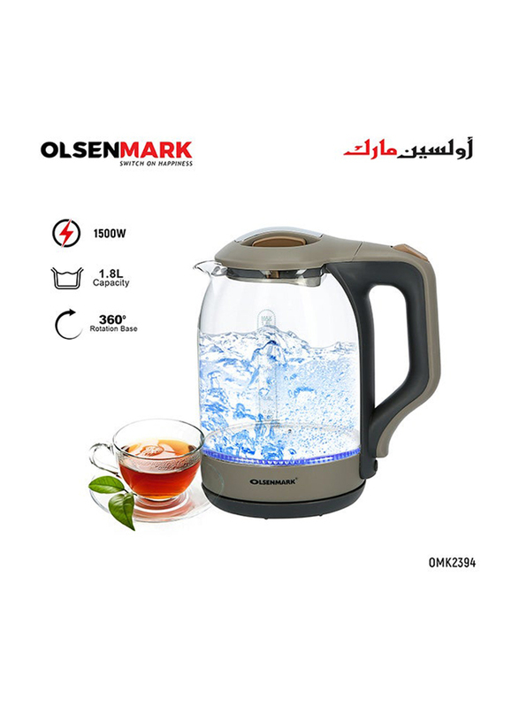 Olsenmark 1.8L Electric Glass Kettle, 1500W, Omk2394, Multicolour