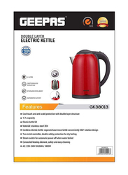 Geepas 1.7L Double Layer Cordless Electric Kettle, 1800W, GK38013, Red/Black