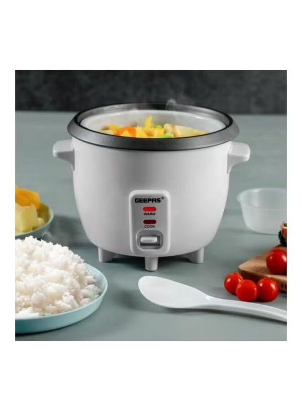Geepas 0.6L Electric Rice Cooker with Cool Touch Handles, 300W, GRC1828N, White