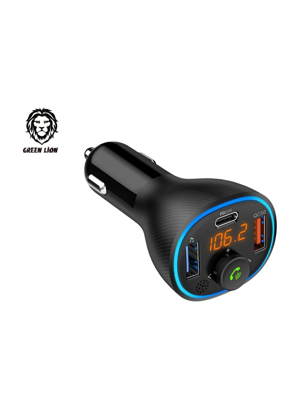 Green Lion Wireless Radio Adapter Bluetooth FM Transmitter Kit for Car with Dual USB Ports, 38W & 20W Type C Port, QC 3.0 Charging, Hands-Free Calling for Siri & Google Assistant, Black