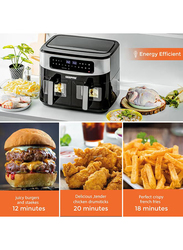 Geepas 9L Dual Basket Digital Air Fryer, 2600W, with VORTEX Air Frying Technology, Oil Free Cooking, LED Display with Touch Screen, Smart Finish & Match Cook, GAF37525, Black