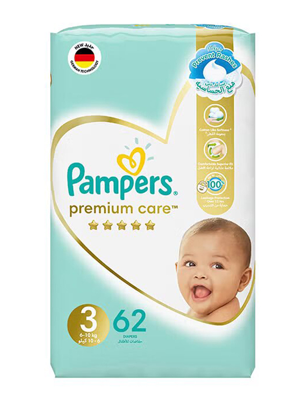 Pampers Premium Care Taped Baby Diapers, Size 3,6-10 KG, 62 Count