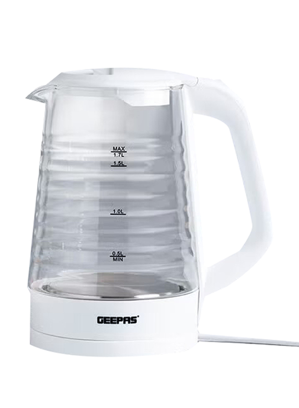 Geepas 1.7L Electric Glass Kettle, 2200W, with Modern Ergonomic Design, 360-Degrees Rotation, Light Indicator & Automatic Cut-Off for Boiling Water, Milk & Tea, GK9902N, White/Clear