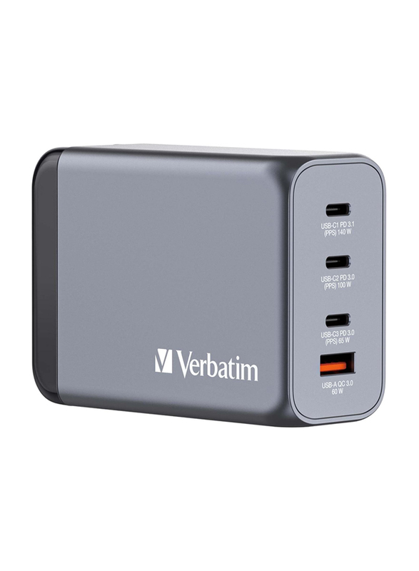 Verbatim GaN Charger 240 W 4 Ports USB-C Charger Power Adapter with 3 x USB-C & 1 x USB-A Fast Charger as Multiple Plug for Apple MacBook Notebook iPad & iPhone, Grey