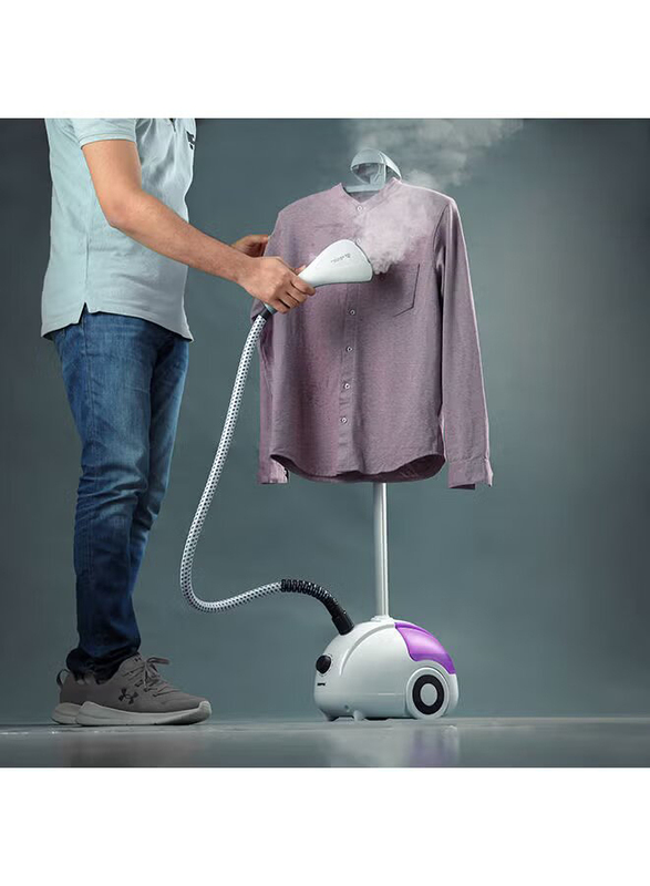 Geepas 1.8 Ltr Garment Vertical Portable Fast Heat Clothes Steamer 2000W with Dual Steam Levels, Large Water Tank for All Types Of Clothes, GGS25022N, White/Violet