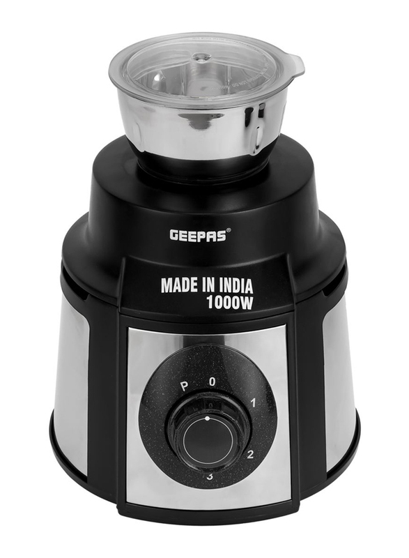 Geepas 1.5L 5-in-1 Sturdy Stainless Steel Finish Body Blender/ Mixer Grinder, 1000W, GSB44108, Black/Silver