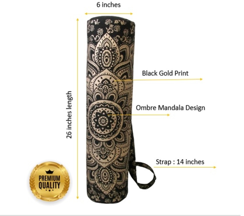 New Black Gold Mandala Yoga Mat Bag Boho Hippie Gypsy Gym & Beach Carrier Screen Printed Cotton with Zipper Closure and Shoulder Strap