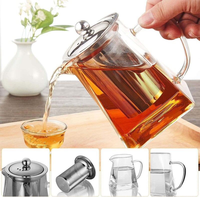 950ml Tapit High Borosilicate Glass Square Tea Kettle with Stainless Steel Infuser for Loose Leaf Tea & Blooming Tea, Transparent