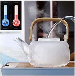 900ml Glass Teapot with Infuser & Strainer for Loose Tea, Safe On Stovetop & Bamboo Handle, Clear/Beige