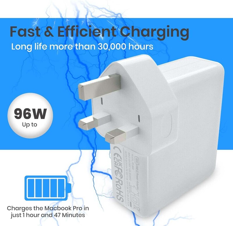 96W Type C MacBook Pro-Air Fast Replacement Power Adapter Thunderbolt Charger with 6ft USB C Cable for 13/14,/15/16-inch 2016/17/18/19/20 Model Laptops, Tabs & Smartphones, White