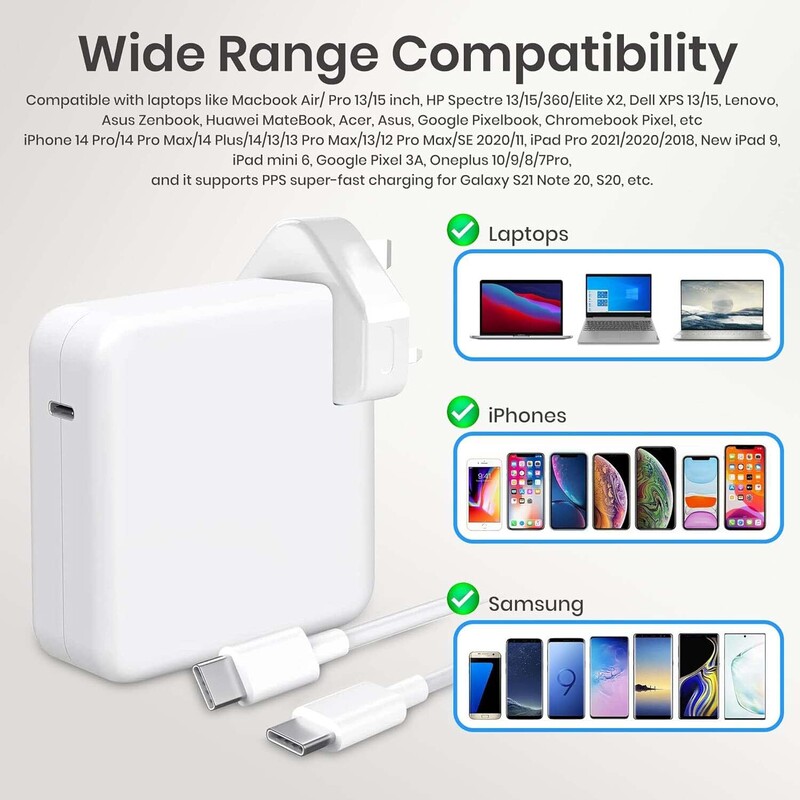 96W Type C MacBook Pro-Air Fast Replacement Power Adapter Thunderbolt Charger with 6ft USB C Cable for 13/14,/15/16-inch 2016/17/18/19/20 Model Laptops, Tabs & Smartphones, White