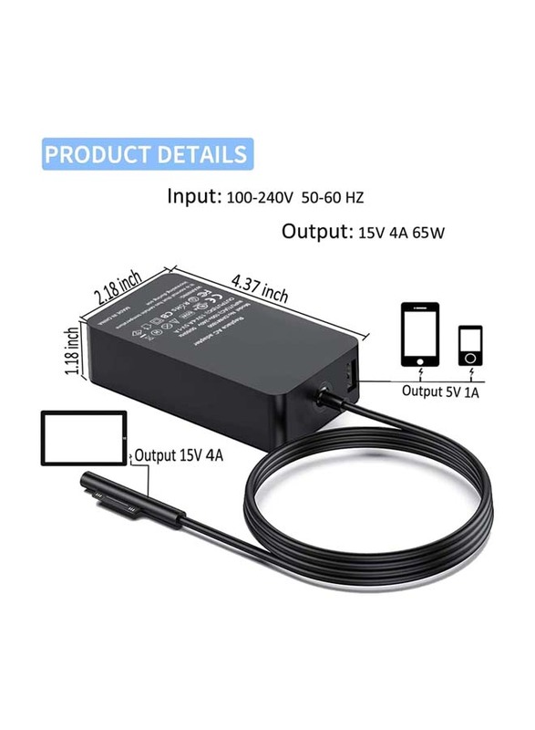 65W Charger for Microsoft Surface Pro/Surface Laptop/Surface Book/Surface Go, Black