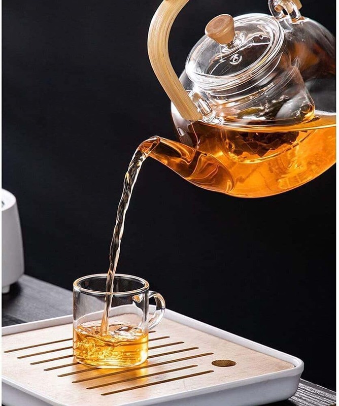 900ml Glass Teapot with Infuser & Strainer for Loose Tea, Safe On Stovetop & Bamboo Handle, Clear/Beige
