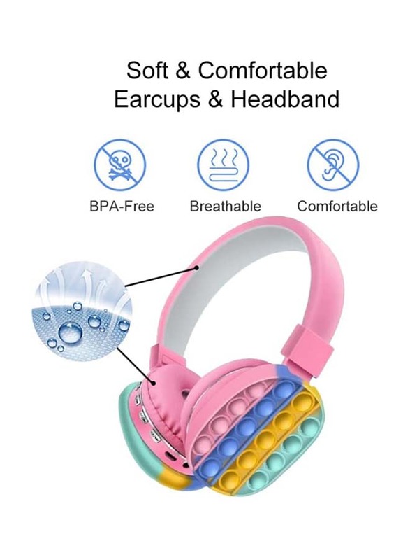 Wireless Over-Ear Noise Cancelling Headphones With Silicone Fidget Pop Bubbles Microphone, Pink