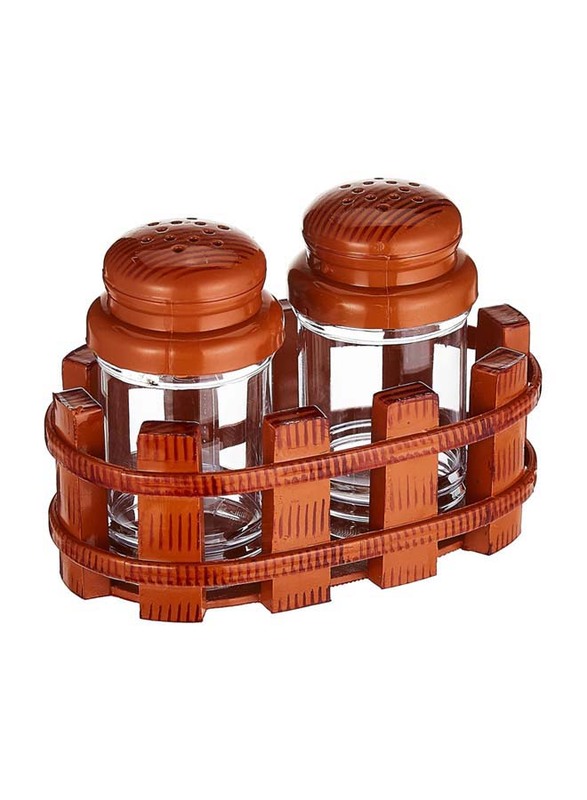 Raj Wooden Salt, Spice & Pepper Shakers Dispenser with Stand, SPLM01, Brown/Clear