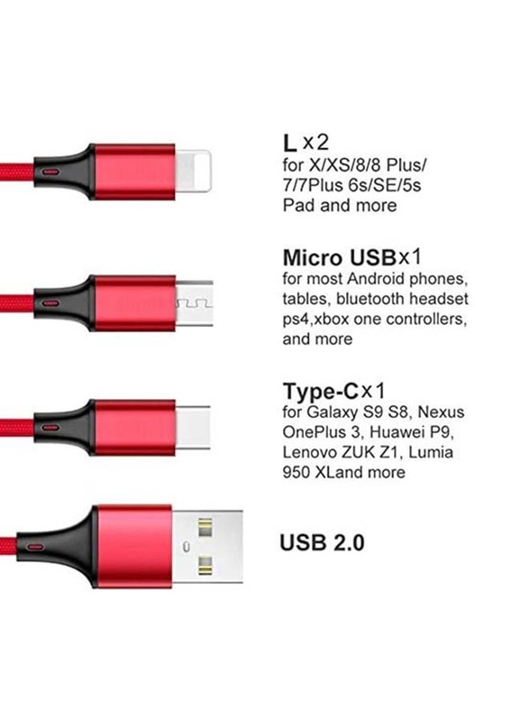 1.25 Meter 3-in-1 Nylon Braided Multi USB Cable, USB A Male to Multiple Types for Smartphones/Tablets, Red