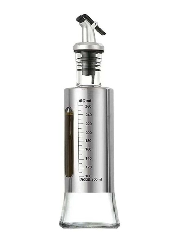 300ml Leak-proof Stainless Steel Olive Oil Dispenser Bottle for Cooking Oil & Vinegar Cruet, Silver/Clear