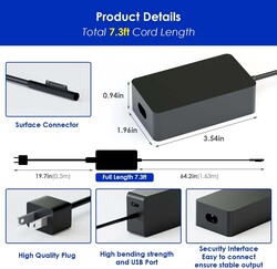 65W Charger for Microsoft Surface Pro 9/8/7+/7/6/5/4/3/X/Windows Surface Laptop 5/4/3/2/1/Studio Surface Book/Go 3/2/1, Black