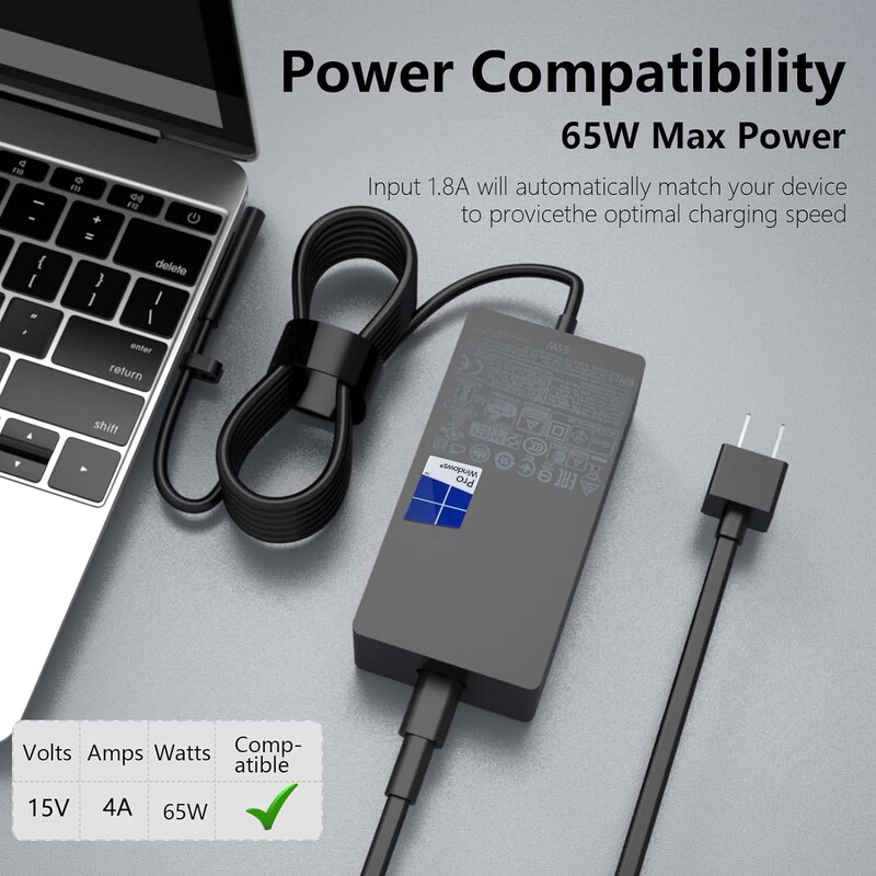 65W Fit Charger for Microsoft Surface Pro/Surface Laptop, Black
