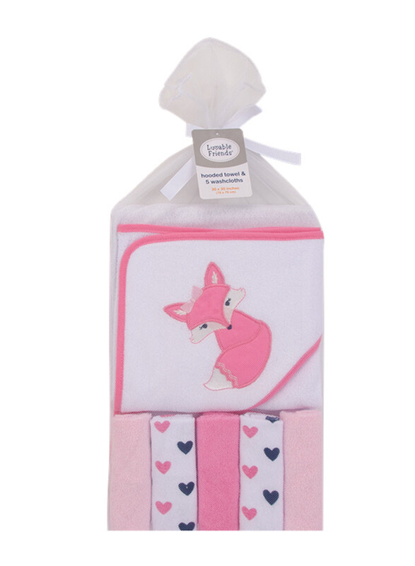 

Luvable Friends 5 Piece Hooded Towel & Washcloths Knit Terry Pink Fox, White/Pink