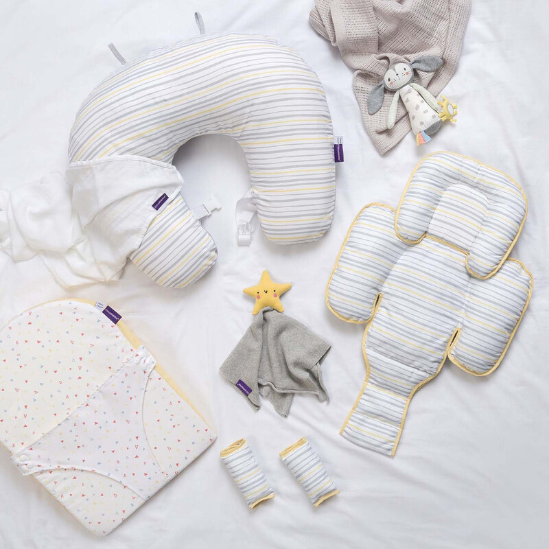 

Clevamama 4-Piece Nursing Stripes Pillow & Baby Nest Set, Grey/Yellow