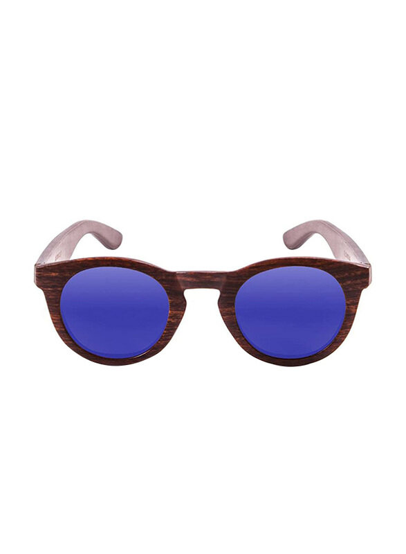 

Ocean Glasses Polarized Full-Rim Round San Francisco Wood Dark Bamboo Frame Sunglasses Unisex, Blue Revo Lens