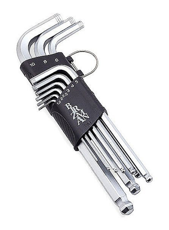 Birzman Long Arm Ball Point Hex Key Set Camping Equipments Tools, 9 Pieces, Silver