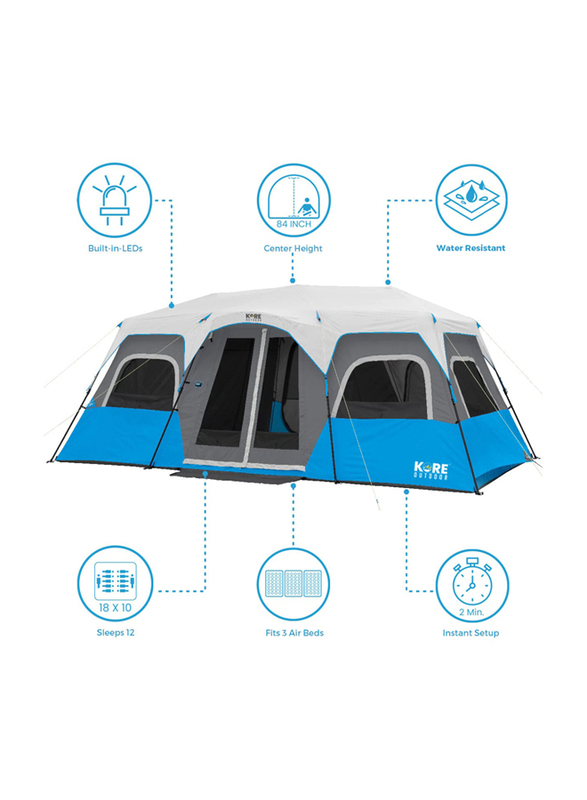 Kore Outdoor Lighted Instant Cabin Tent, 12 Person, Grey/Blue