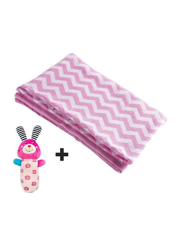 

Moon Soft Stretchy Knitted Zig Zag Cotton Baby Swaddle + Bunny Soft Rattle Toy, White/Pink