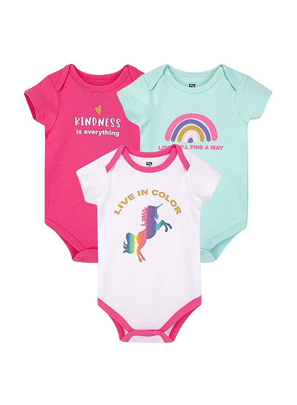 Hudson Baby Rainbow Unicorn Short Sleeve Bodysuit Set for Baby, 3 Piece, 6-9 Months, Multicolour