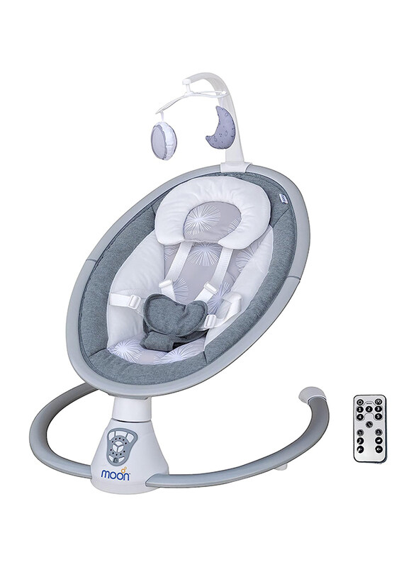 

Moon Gentle Swaying Motion Baby Swing with Remote Control, Motion Sensor, 5 Point Harness, 0-6 Months, Grey