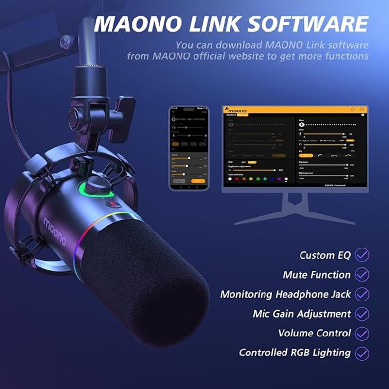 MAONO XLR USB Dynamic Microphone Kit RGB Podcast Mic with Software Mute Gain Knob Volume Control Boom Arm for Streaming Gaming VoiceOverRecording PD200XS Black