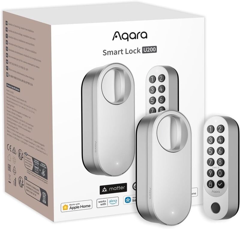 

Aqara Aqara Smart Lock U200 (Fingerprint Keypad Included), Matter over Thread, Keyless Entry Door Lock with Apple Home Key and Rechargeable Battery, Support